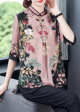 Load image into Gallery viewer, Stylish Pink Stand Collar Print Side Open Silk Shirt Tops Half Sleeve