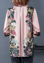 Load image into Gallery viewer, Stylish Pink Stand Collar Print Side Open Silk Shirt Tops Half Sleeve