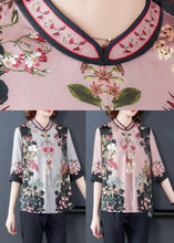 Load image into Gallery viewer, Stylish Pink Stand Collar Print Side Open Silk Shirt Tops Half Sleeve