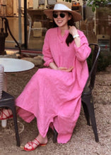 Load image into Gallery viewer, Stylish Pink V Neck Button Side Open Low High Design Linen Dress Long sleeve