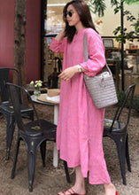 Load image into Gallery viewer, Stylish Pink V Neck Button Side Open Low High Design Linen Dress Long sleeve