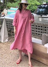 Load image into Gallery viewer, Stylish Pink V Neck Button Side Open Low High Design Linen Dress Long sleeve