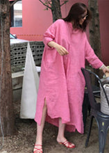 Load image into Gallery viewer, Stylish Pink V Neck Button Side Open Low High Design Linen Dress Long sleeve