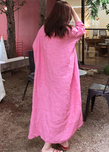 Load image into Gallery viewer, Stylish Pink V Neck Button Side Open Low High Design Linen Dress Long sleeve