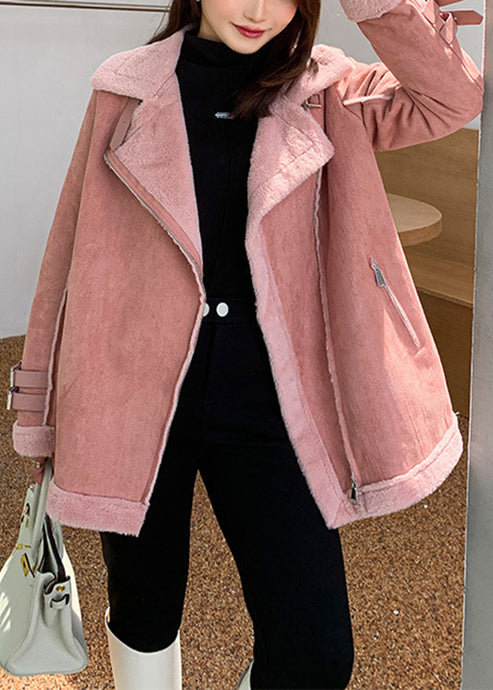 Stylish Pink Zip Up Pockets Patchwork Leather And Fur Coats Fall