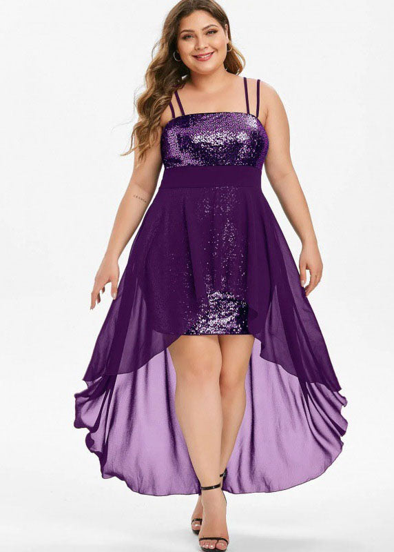 Stylish Purple Sequins Low High Design Patchwork Chiffon Dresses Sleeveless