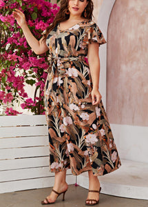 Stylish V Neck Print Tie Waist Chiffon Long Dresses Short Sleeve