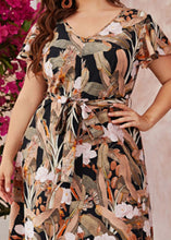 Load image into Gallery viewer, Stylish V Neck Print Tie Waist Chiffon Long Dresses Short Sleeve