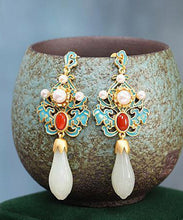 Load image into Gallery viewer, Stylish White Green Sterling Silver Jade Pearl Agate Orchid Drop Earrings