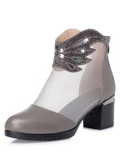 Load image into Gallery viewer, Summer Grey Cowhide Leather Tulle Splicing Hollow Out Boots