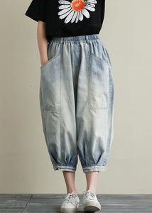 Summer new cropped denim bloomers women loose large size blue harem pants