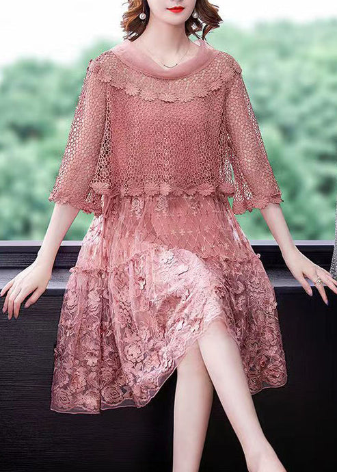 2022 Pink O-Neck Ruffled Patchwork Lace Dress Half Sleeve