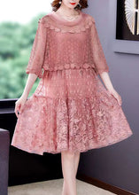 Load image into Gallery viewer, 2022 Pink O-Neck Ruffled Patchwork Lace Dress Half Sleeve
