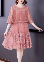 Load image into Gallery viewer, 2022 Pink O-Neck Ruffled Patchwork Lace Dress Half Sleeve