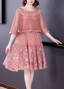 2022 Pink O-Neck Ruffled Patchwork Lace Dress Half Sleeve