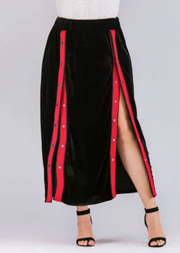 Unique Black Button Side Open Patchwork Velour Skirts Fall