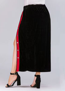 Unique Black Button Side Open Patchwork Velour Skirts Fall
