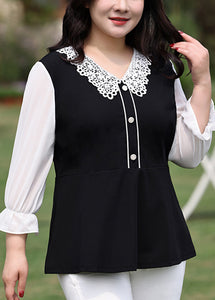 Unique Black Lace Patchwork Chiffon Shirt Flare Sleeve