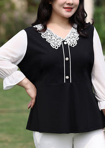 Unique Black Lace Patchwork Chiffon Shirt Flare Sleeve