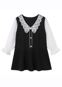 Unique Black Lace Patchwork Chiffon Shirt Flare Sleeve