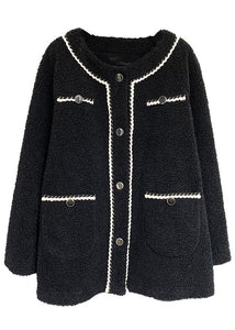 Unique Black O Neck Button Pockets Teddy Faux Fur Coat Fall