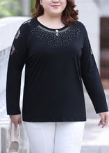 Load image into Gallery viewer, Unique Black O-Neck Zircon Hollow Out Cotton T Shirts Long Sleeve