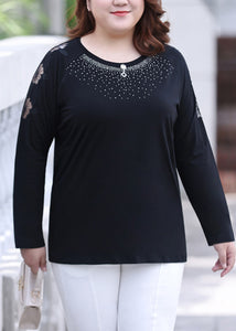 Unique Black O-Neck Zircon Hollow Out Cotton T Shirts Long Sleeve