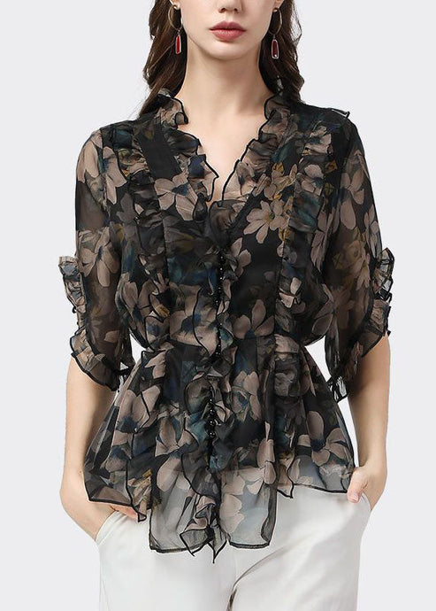 Unique Black Ruffled Patchwork Print Chiffon Blouse Top Summer