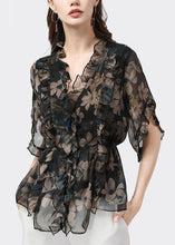 Load image into Gallery viewer, Unique Black Ruffled Patchwork Print Chiffon Blouse Top Summer