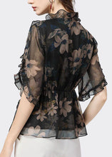 Load image into Gallery viewer, Unique Black Ruffled Patchwork Print Chiffon Blouse Top Summer