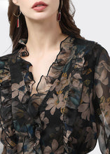 Load image into Gallery viewer, Unique Black Ruffled Patchwork Print Chiffon Blouse Top Summer