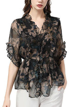 Load image into Gallery viewer, Unique Black Ruffled Patchwork Print Chiffon Blouse Top Summer