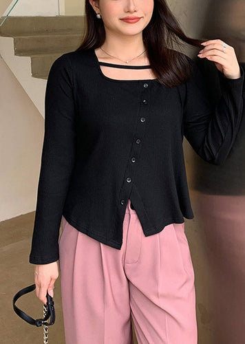 Unique Black Square Collar Asymmetrical Design Knit Blouse Top Fall