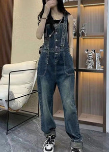 Unique Blue Slash Neck Patchwork Denim Straight Jumpsuit Summer