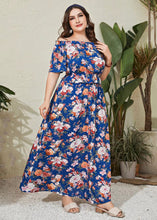 Load image into Gallery viewer, Unique Blue Slash Neck Print Patchwork Cotton Long Dress Summer