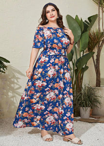 Unique Blue Slash Neck Print Patchwork Cotton Long Dress Summer