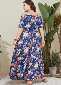 Unique Blue Slash Neck Print Patchwork Cotton Long Dress Summer