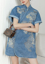 Load image into Gallery viewer, Unique Blue Stand Collar Embroideried Floral Side Open Button Cotton Denim Mid Dress Short Sleeve