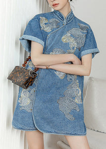 Unique Blue Stand Collar Embroideried Floral Side Open Button Cotton Denim Mid Dress Short Sleeve