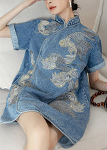 Load image into Gallery viewer, Unique Blue Stand Collar Embroideried Floral Side Open Button Cotton Denim Mid Dress Short Sleeve