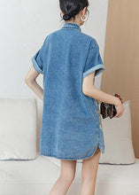 Load image into Gallery viewer, Unique Blue Stand Collar Embroideried Floral Side Open Button Cotton Denim Mid Dress Short Sleeve