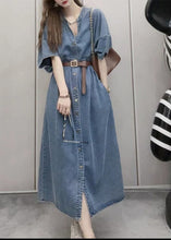 Load image into Gallery viewer, Unique Blue V Neck Patchwork Sashes Button Denim Long Dress Short Sleeve