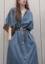 Load image into Gallery viewer, Unique Blue V Neck Patchwork Sashes Button Denim Long Dress Short Sleeve