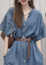 Load image into Gallery viewer, Unique Blue V Neck Patchwork Sashes Button Denim Long Dress Short Sleeve