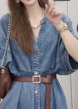 Load image into Gallery viewer, Unique Blue V Neck Patchwork Sashes Button Denim Long Dress Short Sleeve