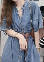 Load image into Gallery viewer, Unique Blue V Neck Patchwork Sashes Button Denim Long Dress Short Sleeve