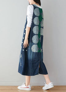 Unique Blue V Neck Pockets Print Hole Fall Denim Dresses Sleeveless