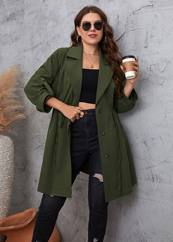 Unique Green Notched Cinched Patchwork Solid Maxi Trench Coats Long Sleeve