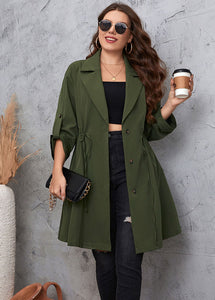 Unique Green Notched Cinched Patchwork Solid Maxi Trench Coats Long Sleeve