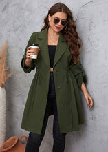 Load image into Gallery viewer, Unique Green Notched Cinched Patchwork Solid Maxi Trench Coats Long Sleeve